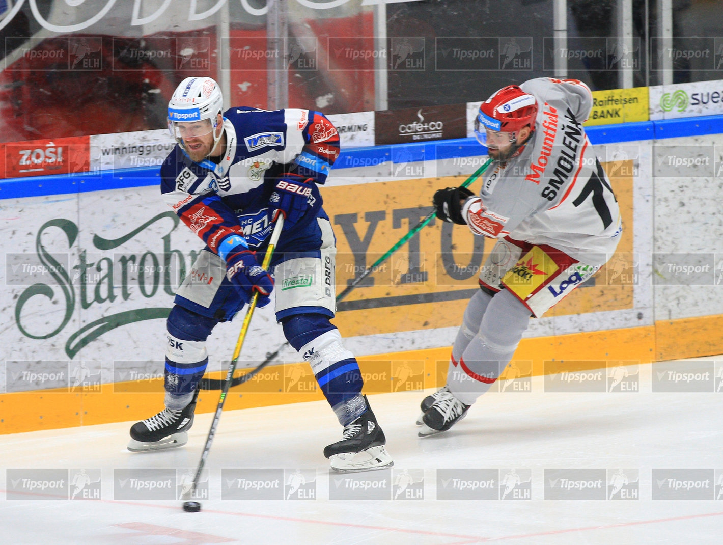 Rhett Holland atakovaný Radkem Smoleňákem. Foto: Ivo Dostál